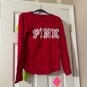 Women’s PINK Victoria's Secret Fitted Red and White Long Sleeve Sequins Tee